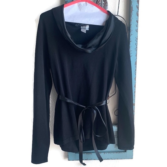 Worth Black Sweater, Silk Neckline, Waist Tie - Picture 1 of 10